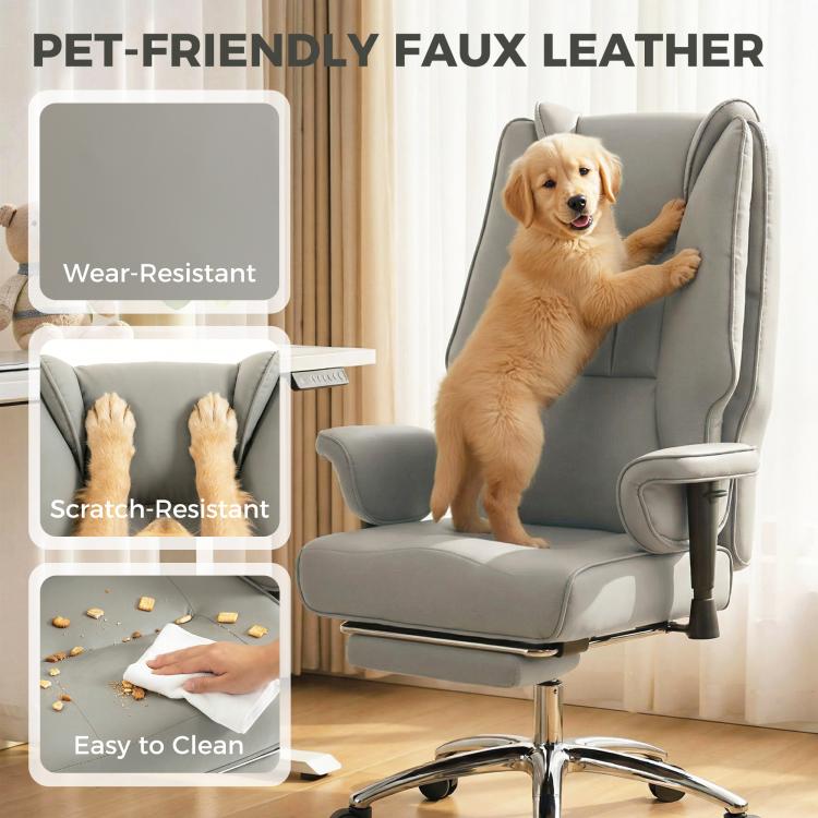 Light gray office chair with faux-leather upholstery and pet-friendly wear-resistant look