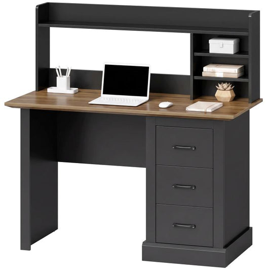 Walnut and black computer desk with open shelves and three-drawer cabinet