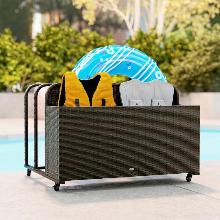 Brown rattan pool float storage organizer with wheels, open bin holding pool floats