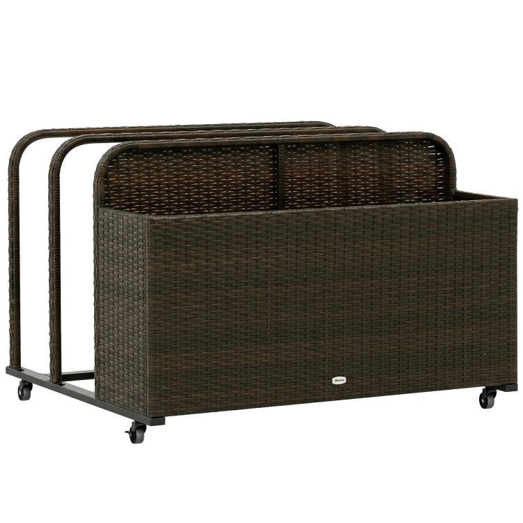 Brown rattan storage organizer with wheels, open-top rectangular bin