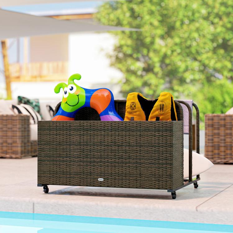 Mixed brown rattan pool storage organizer on wheels holding inflatable toys
