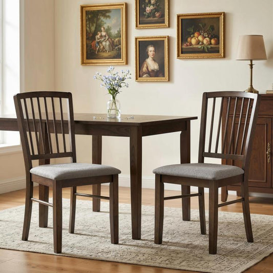 Set of 2 dining chairs with dark brown wooden legs and gray upholstered seats