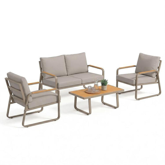 Outdoor patio furniture set with loveseat, 2 armchairs, and square coffee table with cushions