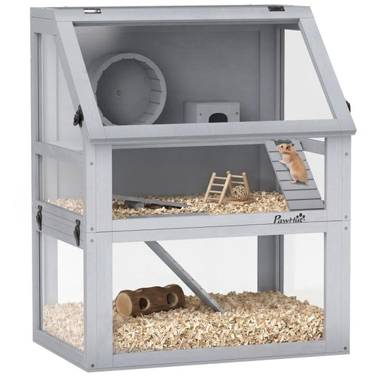 3 Tier Wooden Hamster Cage w/ Detachable Bottom, Hut, Seesaw, Exercise Wheel, Ramps, 24 inch x 16 inch x 29.5 inch