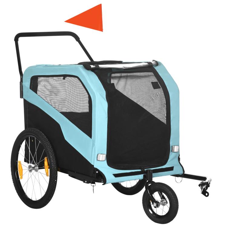 Blue dog bike trailer with two mesh windows, black frame, and front hitch