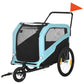 Blue and black dog bike trailer pet stroller with mesh windows, hitch and front wheel