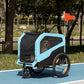 Blue dog pet trailer stroller with mesh door, black panels, and large wheels