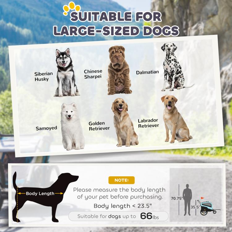 Blue pet trailer for large dogs with mesh windows and sizing note graphic