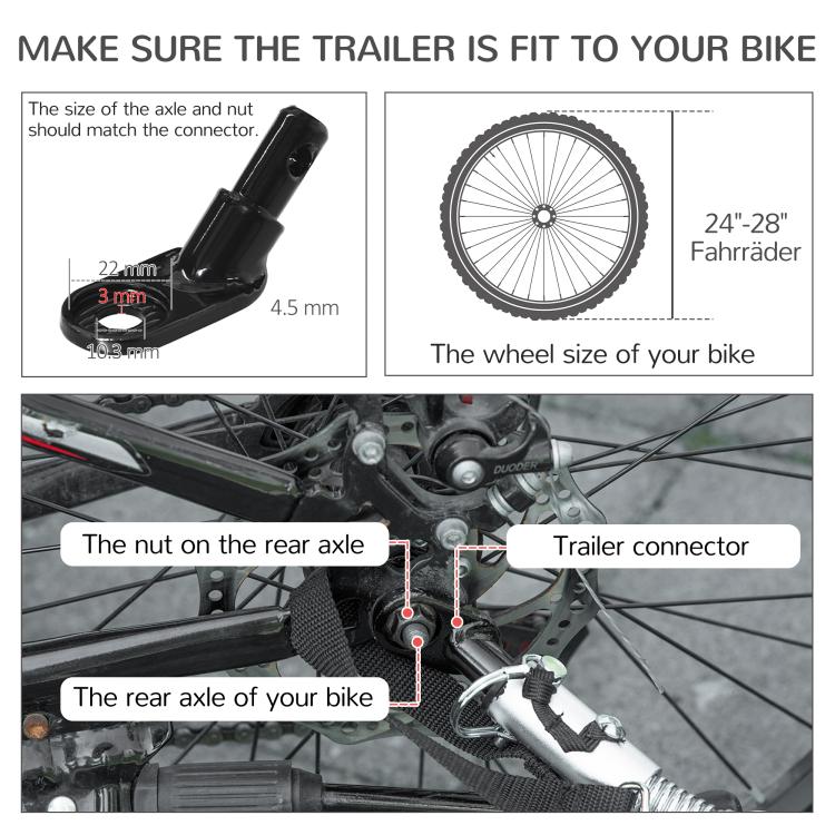 Bike trailer connector fit diagram with rear axle nut and wheel size guide