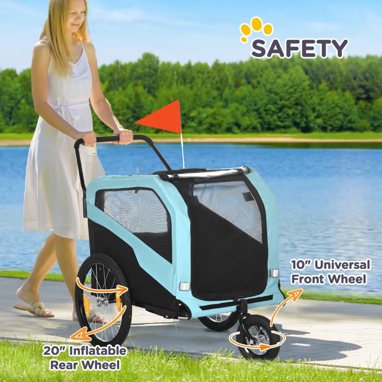 Blue dog bike trailer with mesh door and universal front wheel, inflatable rear wheel
