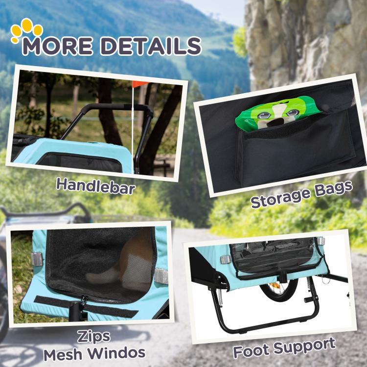 Blue pet trailer stroller with handlebar, storage bags, zip mesh windows, and foot support