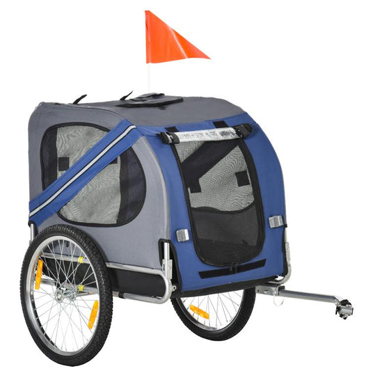Blue and grey dog bike trailer with three mesh windows and orange safety flag