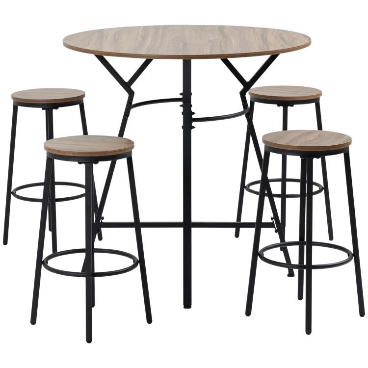 Round bar table with four matching stools, black steel legs, wood-look tabletop and seats.