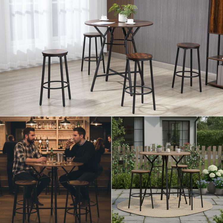 Round bar table and four stools shown in indoor and outdoor settings, black metal frames.