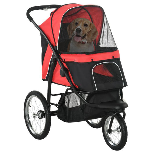 Red and black 3-wheel pet stroller with mesh canopy and front door, rear dog view