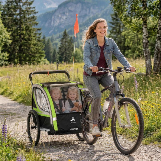 Green and black double-seat bike trailer attached to bicycle, two children seated behind the flag