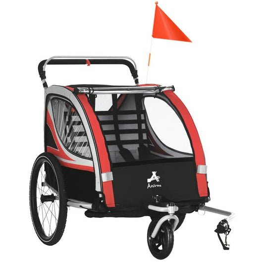 Red and black 2-seat bike trailer/stroller with clear mesh canopy and orange flag