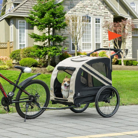 White pet bike trailer stroller with mesh doors, diagonal stripe panel, and large wheels
