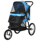Blue and black 3-wheel pet stroller with zip front mesh panel and rear wheels