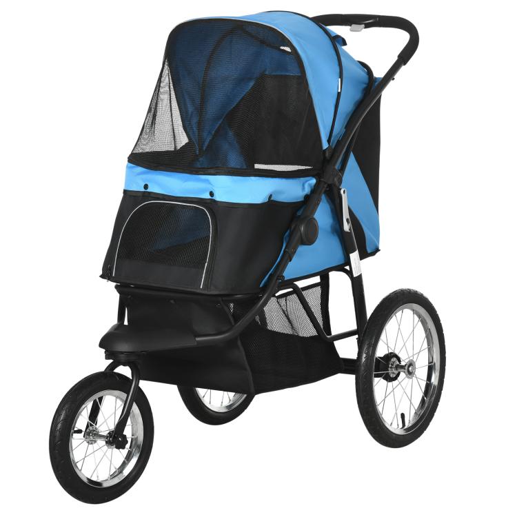 Blue and black 3-wheel pet stroller with zip front mesh panel and rear wheels