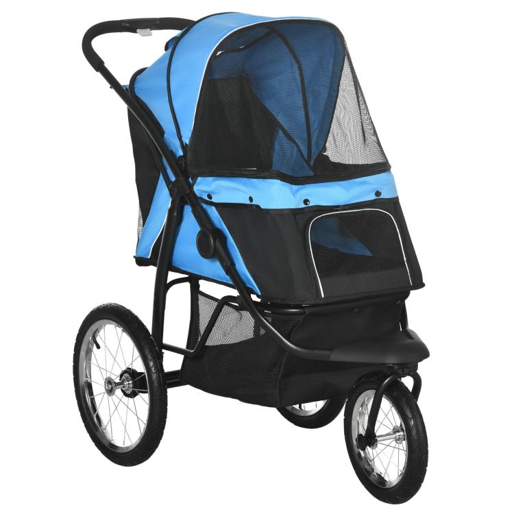 Blue and black pet stroller with adjustable canopy and front mesh window