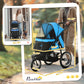 Blue and black pet stroller size callouts with 3-wheel frame and mesh canopy