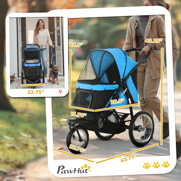 Blue and black pet stroller size callouts with 3-wheel frame and mesh canopy
