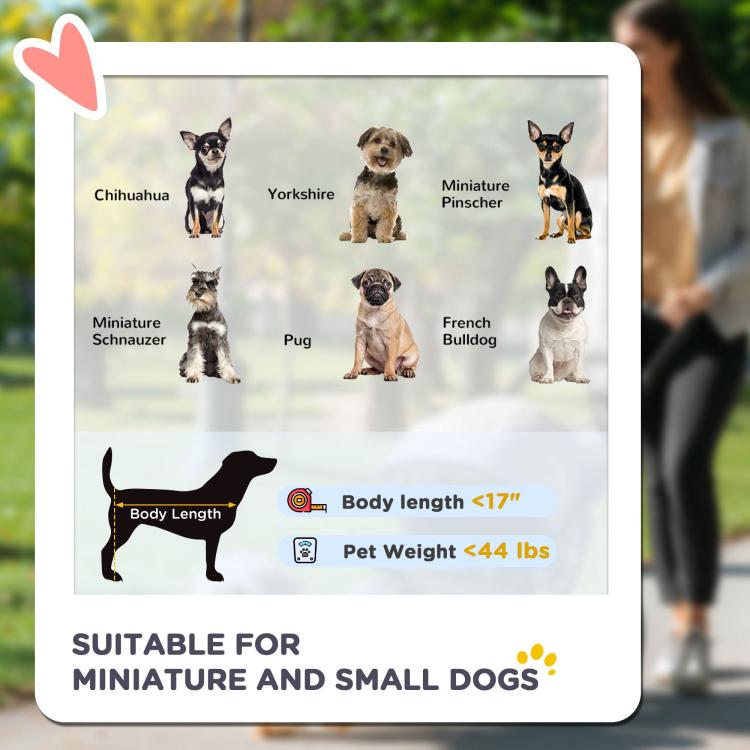 Blue and black pet stroller shown with dog size suitability infographic