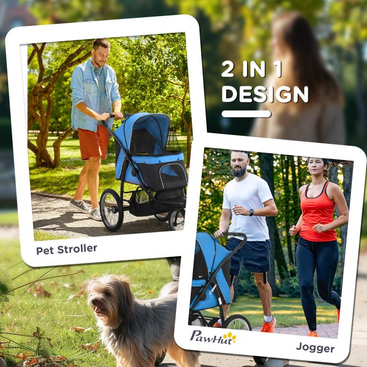 Blue and black pet stroller with 2-in-1 jogger mode shown