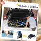 Blue and black pet stroller with foldable design shown in open and folded states