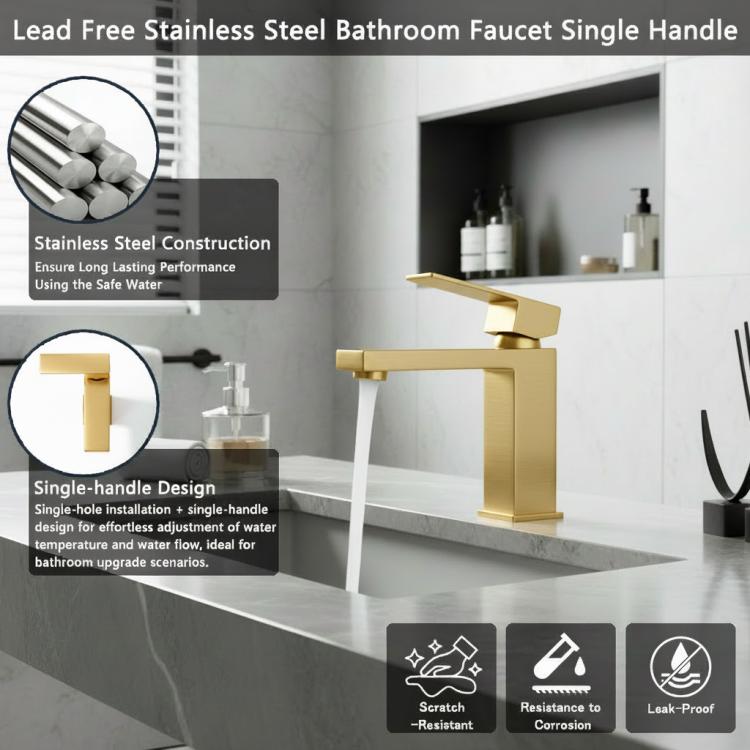 Brushed gold single-handle bathroom faucet shown with feature icons graphic.