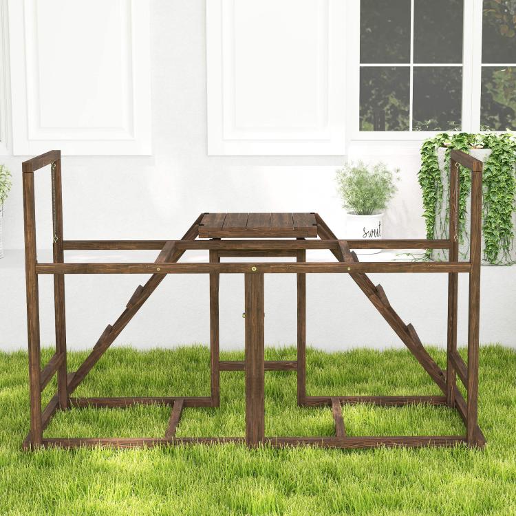 Wooden chicken activity play set base with platform and side rails in outdoor yard