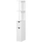 White tall bathroom storage cabinet with open shelves and two drawer fronts.