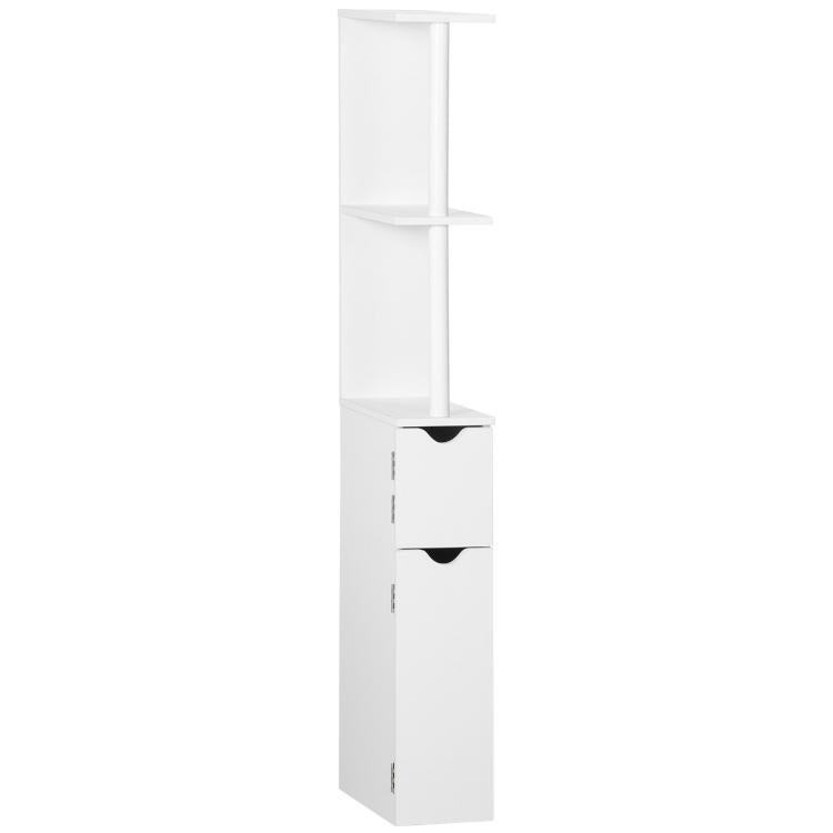 White bathroom storage cabinet with open shelves and two stacked drawer compartments