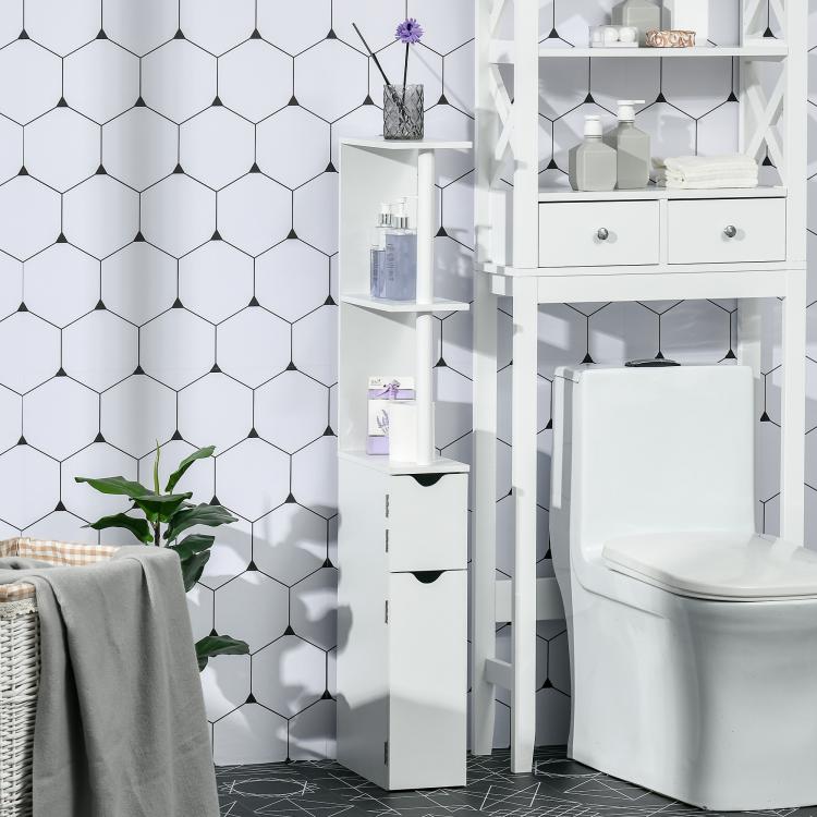 White bathroom storage cabinet with open shelves and two drawers, in a bathroom setting.
