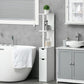 White bathroom storage cabinet with open shelves and two drawers beside a sink.