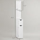 White bathroom storage cabinet with open shelving, two drawers, and size measurements.
