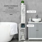 White narrow bathroom storage cabinet with open shelves, drawer, and anti-tip bracket shown.