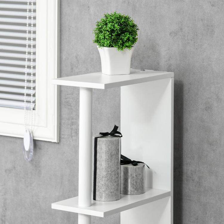 White bathroom storage cabinet with two open shelves for storage items and decor.
