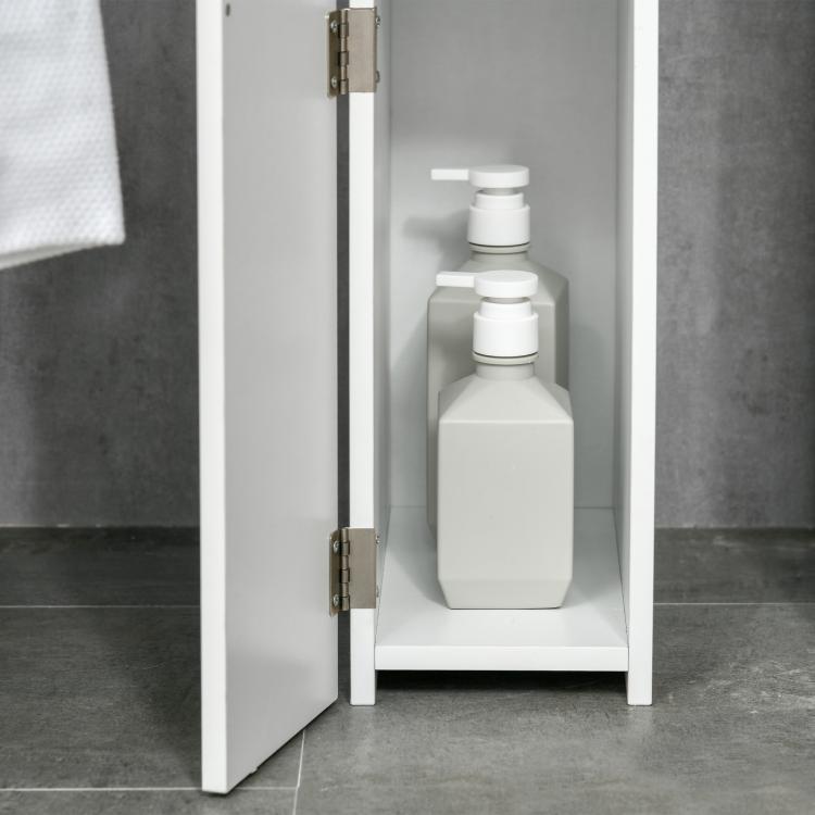 White cabinet door open to reveal inner open shelf storage for toiletries.