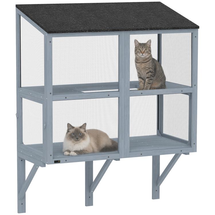 Gray two-level outdoor cat enclosure with mesh walls and dark textured roof