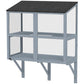 Gray outdoor cat enclosure with two levels of mesh panels and dark roof