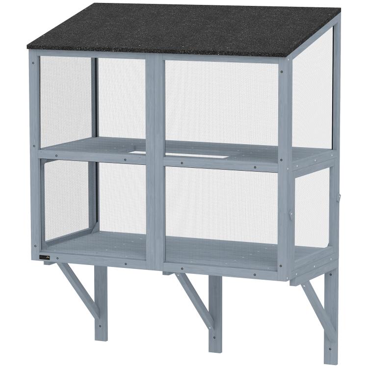 Gray outdoor cat enclosure with two levels of mesh panels and dark roof