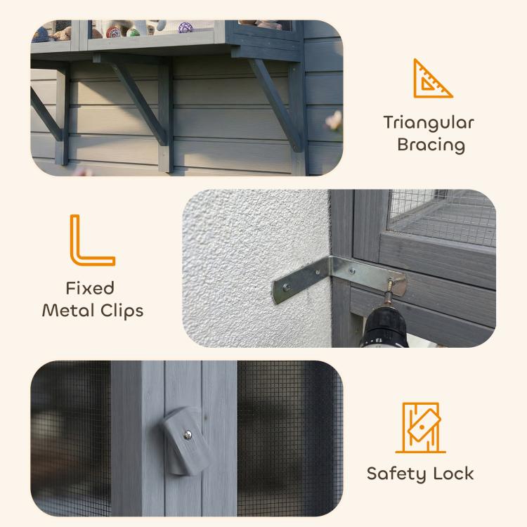Gray outdoor cat enclosure corner hardware with metal clips, bracing, and safety lock