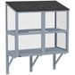 Gray outdoor cat enclosure window box with dark roof panel and mesh side walls