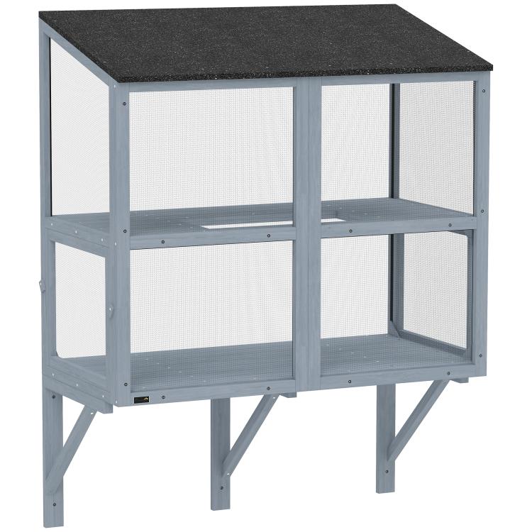 Gray outdoor cat enclosure window box with dark roof panel and mesh side walls