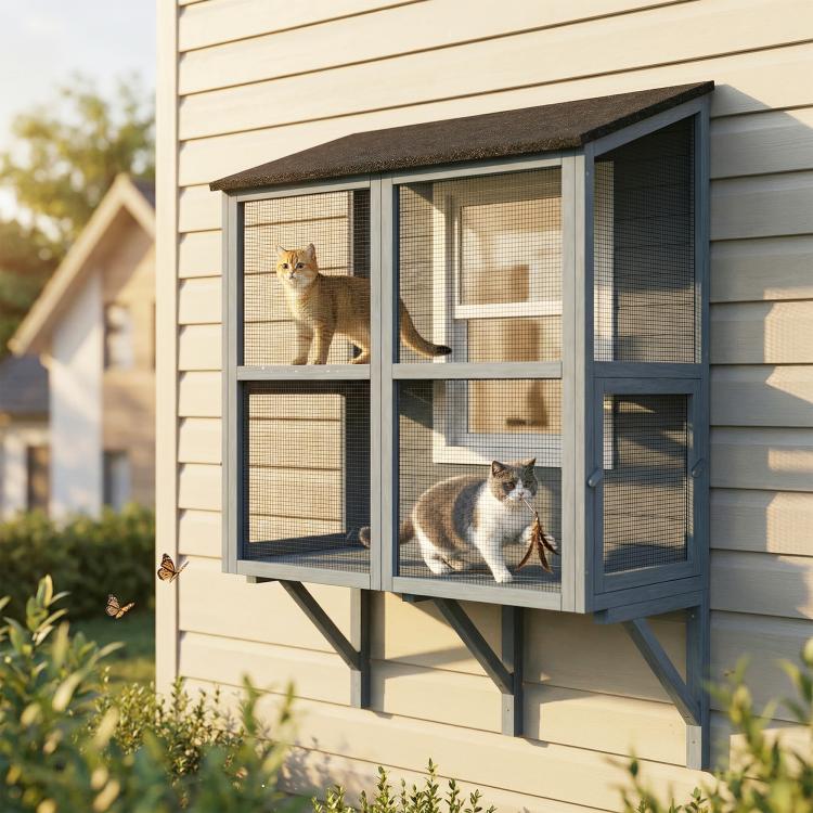 Gray outdoor window cat enclosure mounted on house siding with cats on platforms