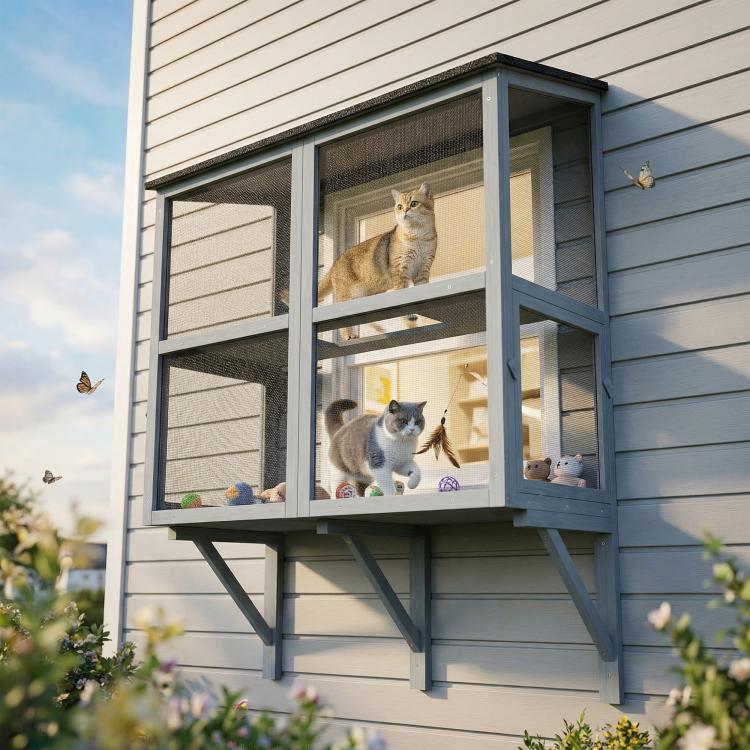 Gray two-level outdoor cat enclosure with mesh sides and cats on different levels