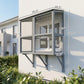 Gray outdoor cat enclosure showing overall dimensions with dark roof and mesh walls