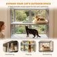 Gray two-level outdoor cat enclosure by a window with platforms and two cats
